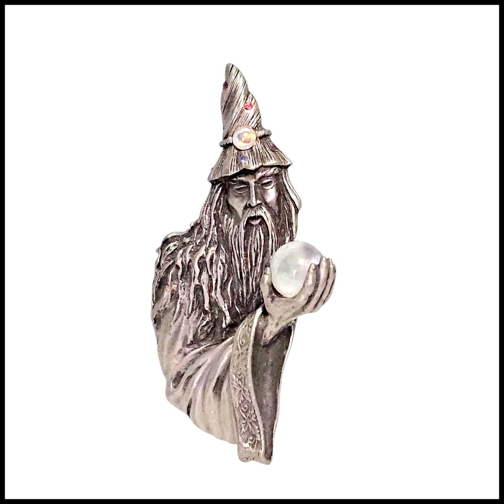 JJ Wizard Brooch Pewter Figural Pin with Crystal Ball and Rhinestones